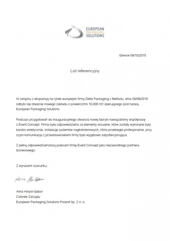 Referencje European Packaging Solutions Poland Sp. z o.o.